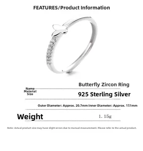 Detailed spec sheet showing 925 sterling silver butterfly ring size and 1.15g weight