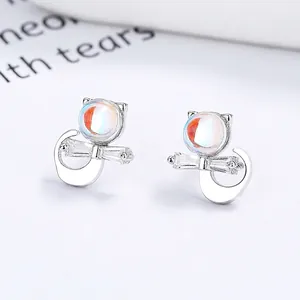 925 silver cat earrings with moonstone and cubic zirconia bow detail in minimalist style