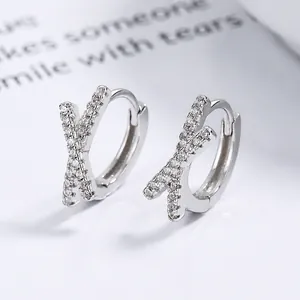 925 sterling silver X-shaped hoop earrings with pave-set white cubic zirconia stones
