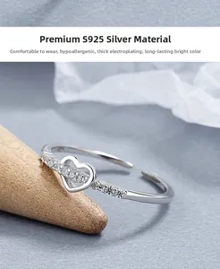 Detailed macro view of S925 sterling silver heart ring with pavé zircon setting