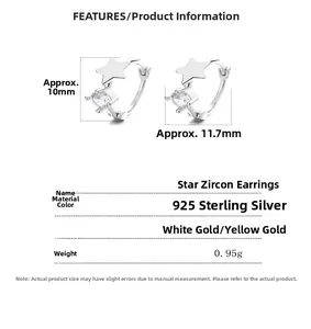 Detailed size chart for star zircon earrings in 925 sterling silver with dimensions