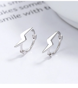 Detailed macro view of S925 sterling silver lightning bolt hoop earrings with high polish