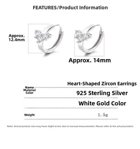 Détails des boucles d'oreilles cœur S925 argent avec zircone, dimensions et poids