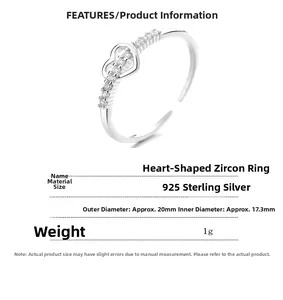 Macro detail of a 925 sterling silver heart zircon ring with dimensions and weight data