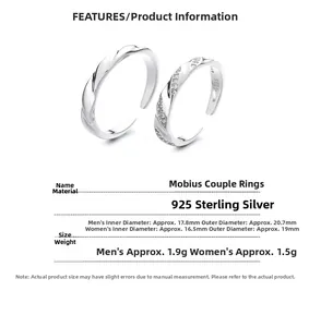 Detailed dimension guide for 925 sterling silver Mobius rings with weight and diameter data