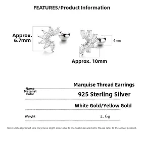 Détail macro de boucles d'oreilles marquise en argent 925 avec dimensions et poids de 10mm