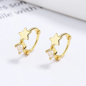 Elegant gold 925 sterling silver huggie earrings with star charms and sparkling zircons