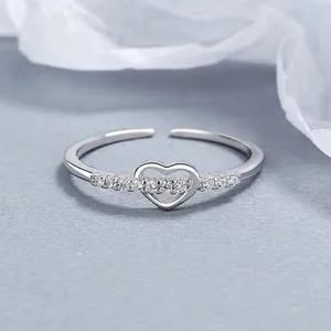 Adjustable 925 Sterling Silver Heart Zirconia Open Ring For Women Minimalist Design S925 Silver Rhinestone Jewelry Finger Ring