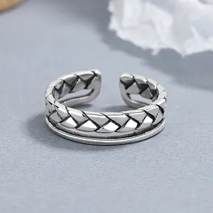 Vintage 925 Sterling Silver Double Layer Braided Twist Ring For Women Thai Silver Oxidized Adjustable Open Band Jewelry