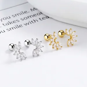 Boucles d'Oreilles Clous à Vis en Argent Sterling 925 Strass Marquise Géométrique Forme d'Éventail Bijoux de Mode pour Femmes