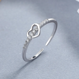 925 silver adjustable open ring with hollow heart design and pavé zircon settings