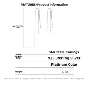 Detailed specs of 925 silver star tassel earrings with 13cm length and 1.4g weight