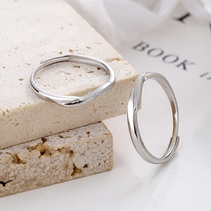 925 silver couple rings with frosted finish and adjustable V-shaped wave design