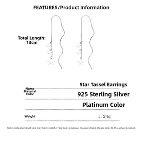 Detail of 925 sterling silver star tassel ear threads with measurements and weight