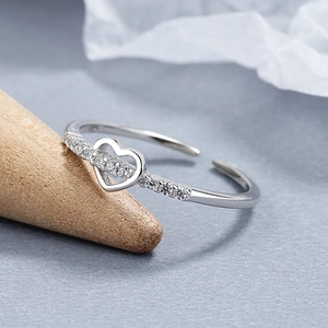 925 sterling silver heart-shaped open ring with cubic zirconia micro-pave setting