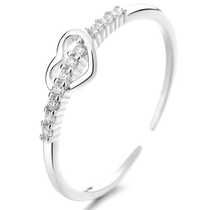 Minimalist 925 sterling silver heart open ring with sparkling white cubic zirconia stones