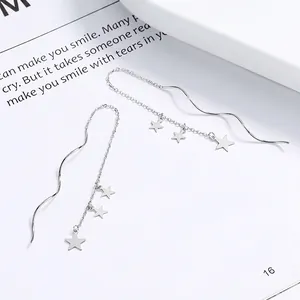 925 Sterling Silver Star Tassel Ear Threads Long Wave Line Five-Pointed Star Drop Earrings For Women Elegant Jewelry Gift