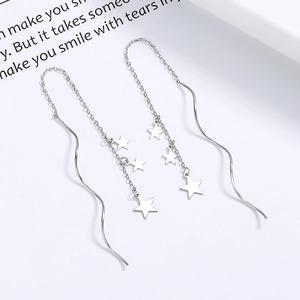 Elegant 925 sterling silver star tassel drop earrings with wavy ear threader chains