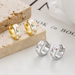 Créoles tulipes vintage en argent 925 avec motifs floraux en émail sur un support en pierre