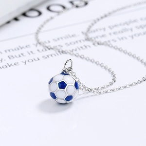 925 silver football pendant necklace with blue and white enamel on a thin silver chain