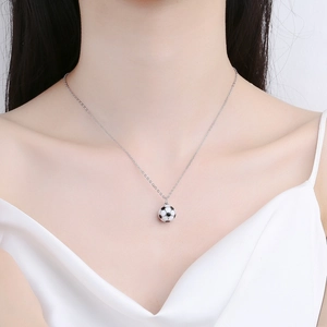 925 sterling silver soccer ball necklace with black and white enamel on a fine chain
