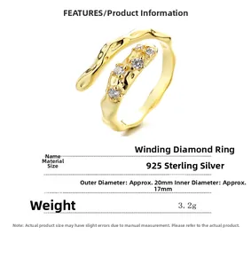 Detailed specs of 925 sterling silver wrap ring with zircon stones in gold finish