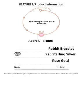 Macro view of 925 sterling silver rabbit bracelet with pink opal and rose gold plating
