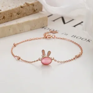 925 Sterling Silver Rabbit Bracelet For Women Rose Gold Plated Synthetic Cat's Eye Stone Sweet Animal Design Jewelry Gift