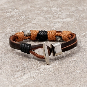 Retro multi-layer woven leather bracelet for men with vintage metal beads and T-bar clasp