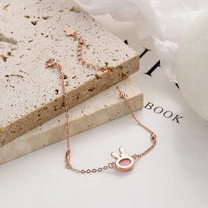 925 Sterling silver rabbit charm bracelet in rose gold finish with pink gemstone