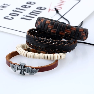 Men's vintage cowhide leather bracelet set with cross wing charm and wooden beads