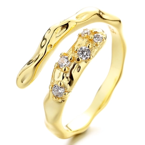 Golden 925 sterling silver wrap ring with lava texture and five inset zircons