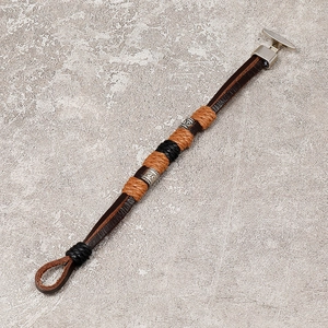 Retro woven leather bracelet for men with silver engraved beads and T-bar metal clasp