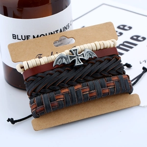 Men's retro leather bracelet set with wing cross charm and white wooden beads