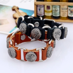 Vintage punk leather bracelets for men featuring gear metal rivets and square links