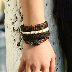 Men's vintage braided leather bracelet set with bat wing and cross metal charms