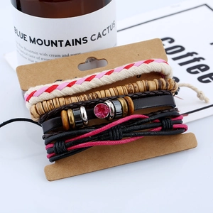 Retro multi-element braided leather and wood bead bracelet set on a vintage card