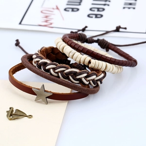 Retro multi-layer leather bracelet set with bronze stars and wooden beads on book