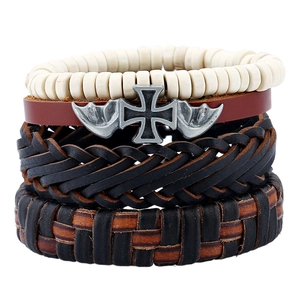 Vintage Punk Leather Bracelet Set For Men Handmade Braided Cowhide Wrap Bracelet With Metal Cross Wing Charms Wood Beads Adjustable Jewelry Gift