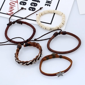 5-piece set of men's bohemian leather bracelets featuring vintage beads and metal star charms