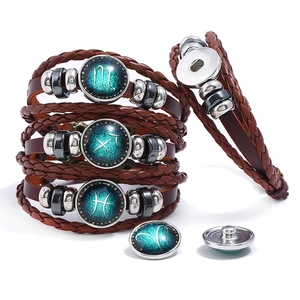 Retro multi-layer woven leather bracelet with interchangeable zodiac snap buttons