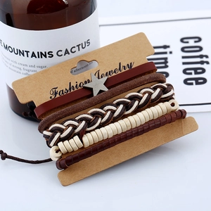 Vintage multi-layer leather bracelet set with wooden beads and star charms on display