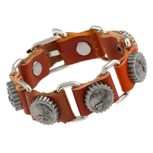 Industrial punk style brown leather bracelet with vintage metal buckle and tool pattern