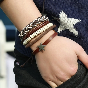 Men's retro multilayer braided genuine leather bracelet set with metallic star charm