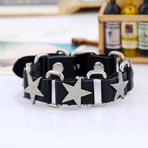 Punk black leather bracelet with silver star studs and metallic snap closure for men