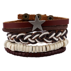 Men Retro Cowhide Leather Multi-Layer Bracelet Set Handmade Woven Hemp Rope Wood Bead Alloy Star Bohemian Punk Wristband