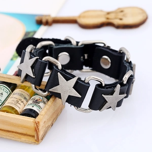 Punk style black leather bracelet for men featuring vintage silver star metal ornaments