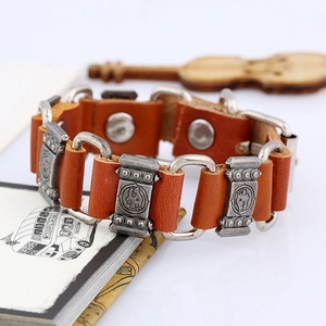 Punk vintage wide leather bracelet with embossed silver chain details for men
