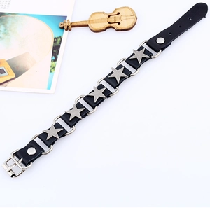 Punk black leather wristband with silver star rivets and adjustable metal buckle closure