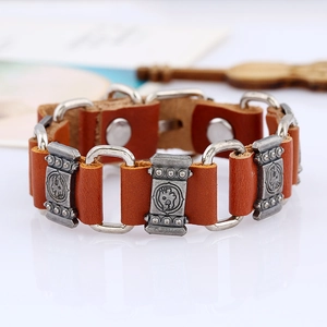 Punk style leather bracelet for men featuring vintage metal plates and silver rings